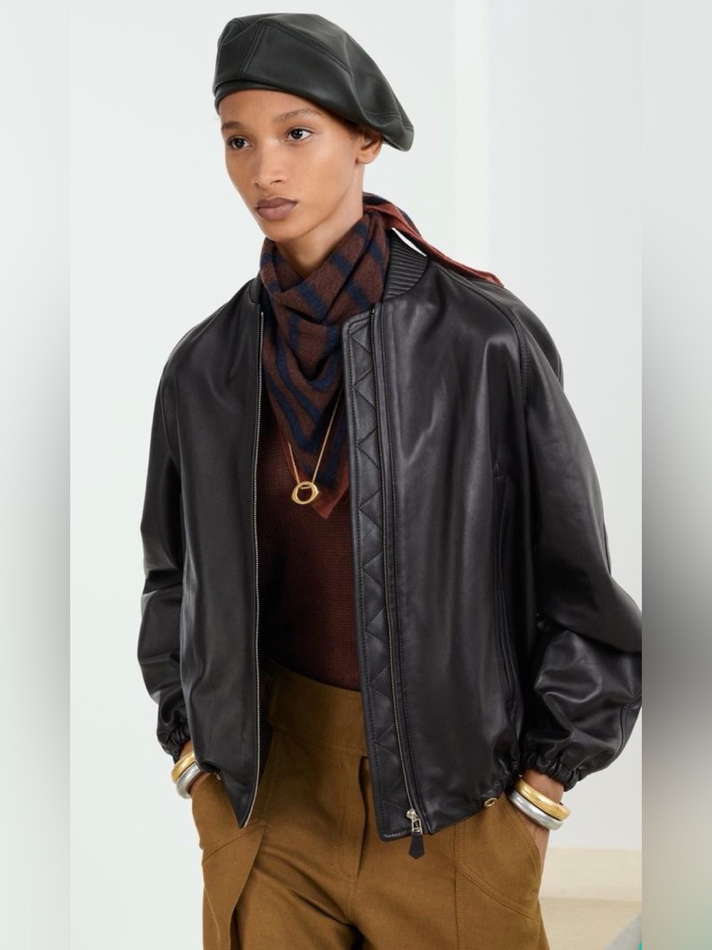 Zara dark brown Leather Bomber Jacket - women limited edition